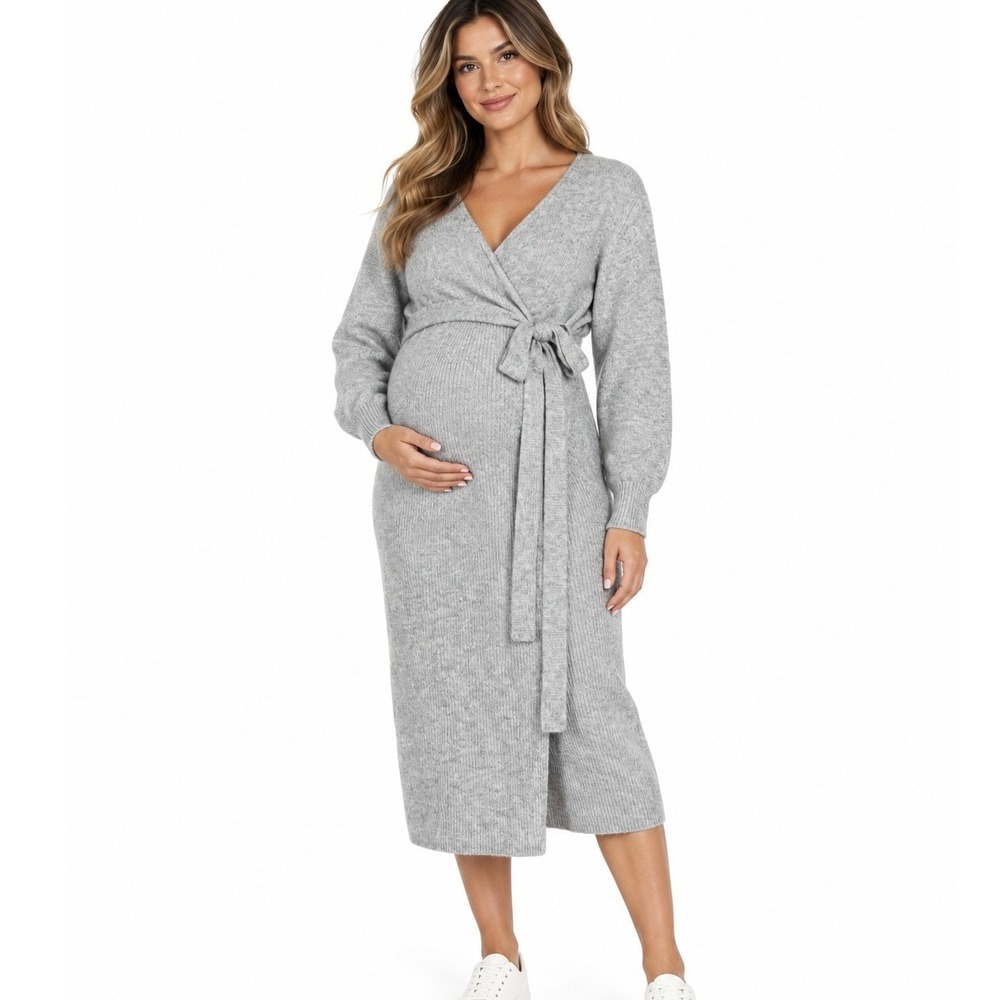 Isabel Maternity Ingrid & Isabel Gray Knit Wrap Midi Sweater Dress | Large